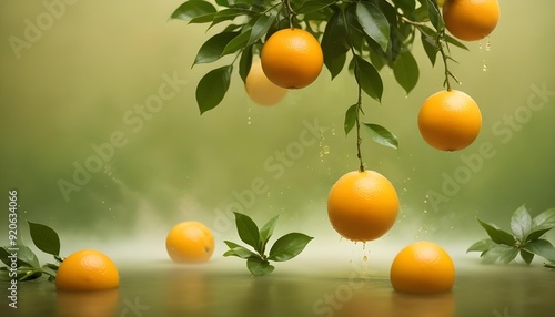 Oranges hanging on a tree in splashes of water. Oranges background. Fruit background