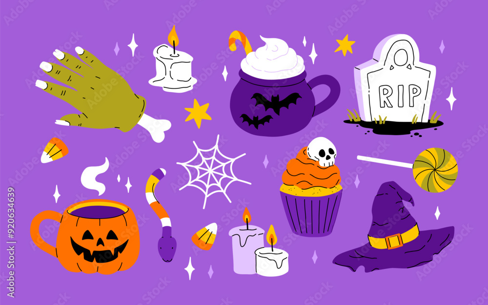 Cute Halloween set. Funny pumpkin, kawaii ghost, bat, web, broom, coffin. October holiday design elements, stickers, cat in witch hat, skull. Isolated kids childish flat graphic vector illustrations Cute Halloween set. Funny pumpkin, kawaii ghost, bat, web, broom, coffin. October holiday design elements, stickers, cat in witch hat, skull. Isolated kids childish flat graphic vector illustrations