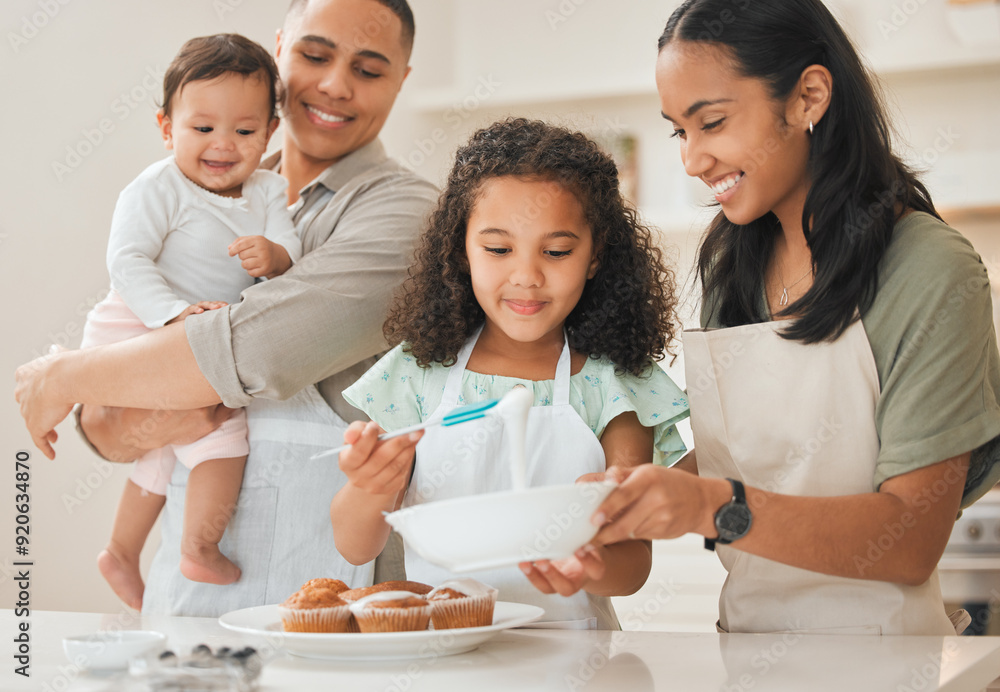 Baking, parents and children with cake decoration in kitchen for support, learning and teaching muffin recipe in home. Happy family, people and prepare dessert for cooking education, bonding or skill Baking, parents and children with cake decoration in kitchen for support, learning and teaching muffin recipe in home. Happy family, people and prepare dessert for cooking education, bonding or skill