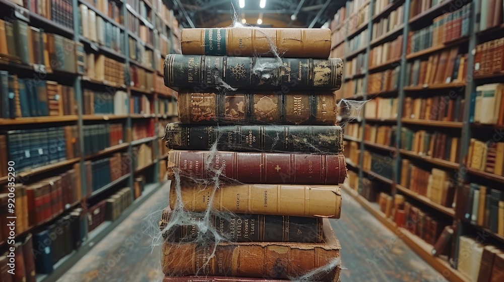 Stack of dusty, old books in an abandoned library Stack of dusty, old books in an abandoned library