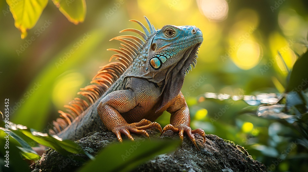 Fototapeta premium Green iguana posing on rock in tropical forest