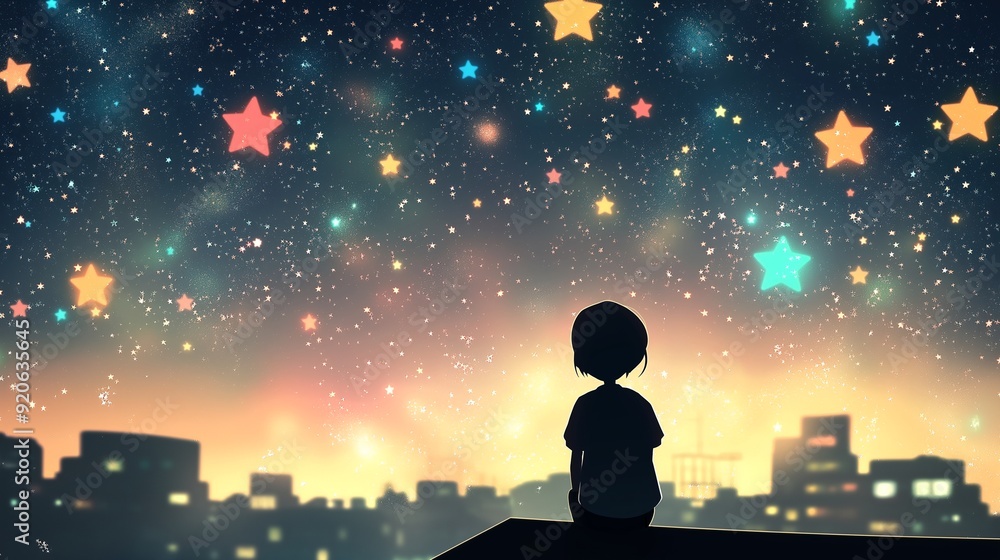 Stargazing Dreams. A solitary figure silhouetted against a vibrant night sky, their gaze lost in the wonder of a million twinkling stars. A captivating image that evokes a sense of peace.generative ai Stargazing Dreams. A solitary figure silhouetted against a vibrant night sky, their gaze lost in the wonder of a million twinkling stars. A captivating image that evokes a sense of peace.generative ai