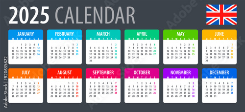 2025 Calendar - vector illustration, British version