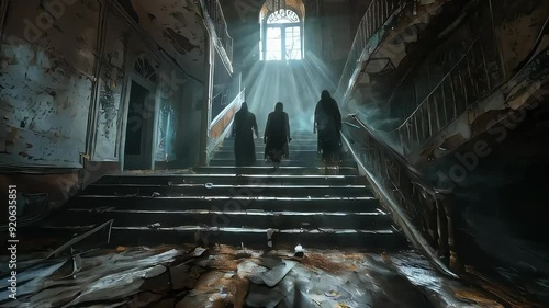 Three shadowy figures walk up a staircase in a decrepit mansion, with light filtering through the broken windows.