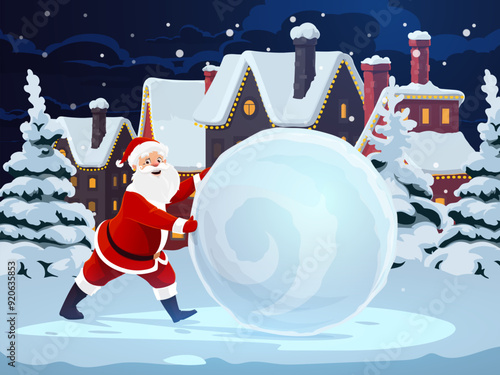 Christmas Santa rolls a snowball. Cartoon vector winter scene with Santa Claus, in traditional attire pushing large snowball in a snowy, festive night setting with cottage houses and Christmas lights