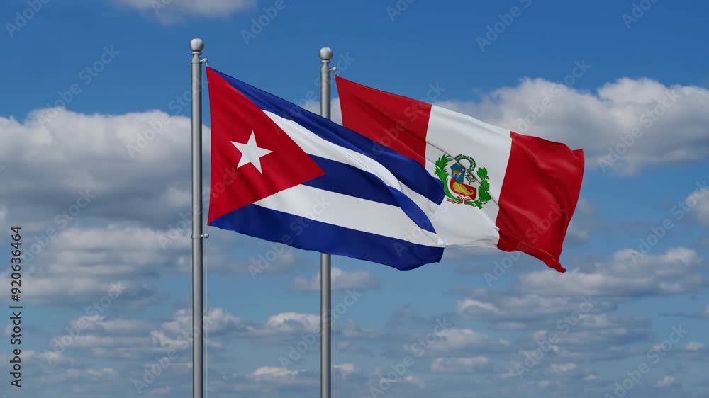 Peru and Cuba flags flying together, video concept of the relationship, two country cooperation concept Peru and Cuba flags flying together, video concept of the relationship, two country cooperation concept