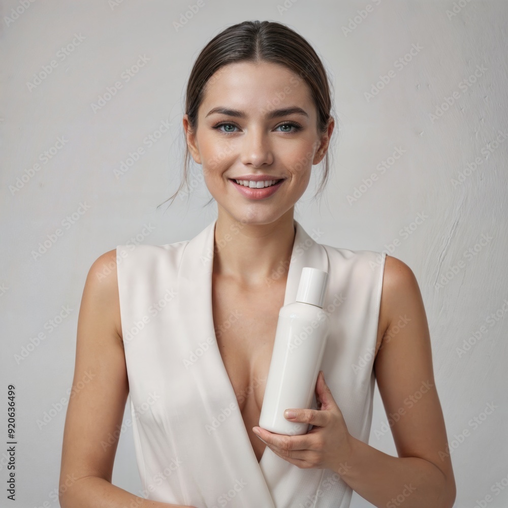 Generated ImaYoung girl holding empty shampoo bottle on white background, smiling woman portrait, moisturizing spa body care conceptge Generated ImaYoung girl holding empty shampoo bottle on white background, smiling woman portrait, moisturizing spa body care conceptge