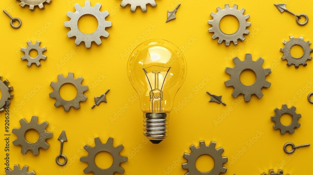 lamp with arrow and setting icons on a soft yellow background lamp with arrow and setting icons on a soft yellow background