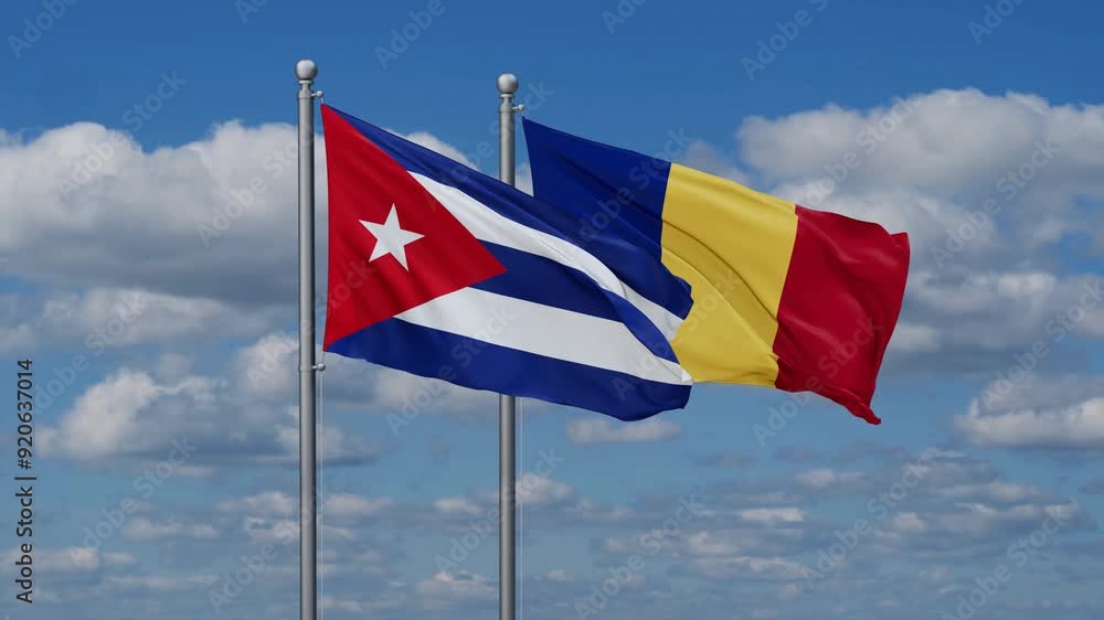 Romania and Cuba flags flying together, video concept of the relationship, two country cooperation concept Romania and Cuba flags flying together, video concept of the relationship, two country cooperation concept