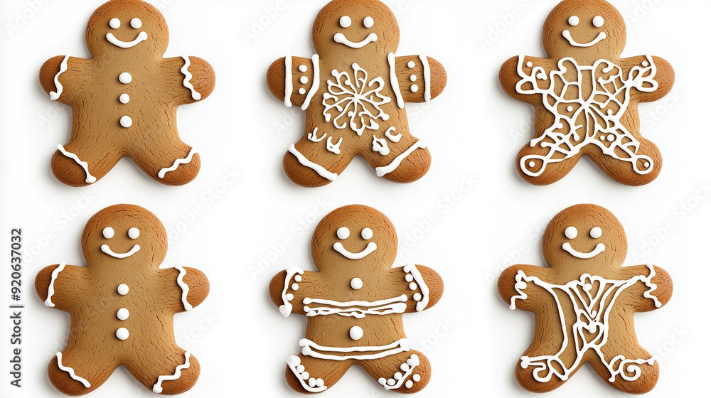 Six gingerbread men, each uniquely decorated with white icing patterns. They are arranged in a 2x3 grid on a transparent background. The gingerbread men vary in design, with some having dots for eyes Six gingerbread men, each uniquely decorated with white icing patterns. They are arranged in a 2x3 grid on a transparent background. The gingerbread men vary in design, with some having dots for eyes