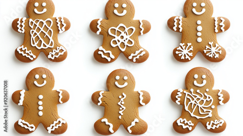 Six gingerbread men, each uniquely decorated with white icing patterns. They are arranged in a 2x3 grid on a transparent background. The gingerbread men vary in design, with some having dots for eyes