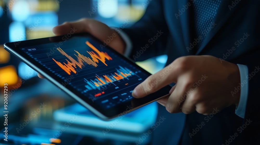 Business professional analyzing data trends on a tablet in a modern office environment during the evening Business professional analyzing data trends on a tablet in a modern office environment during the evening