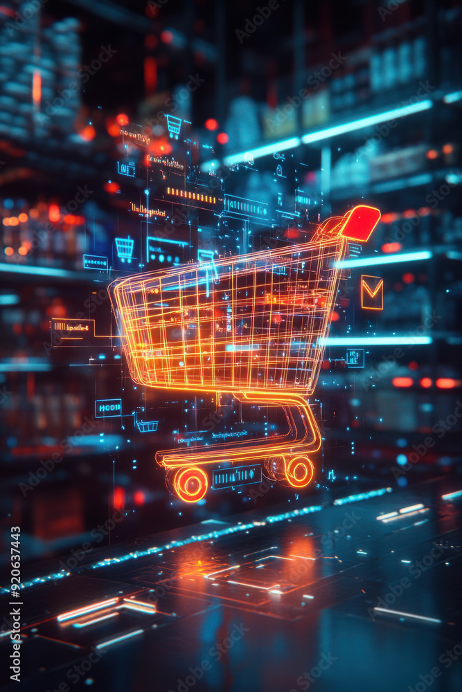 Online shopping e-commerce, A 3D hologram of a shopping cart floats in mid-air, illuminated by colorful lights. Hovering annotations pop up around it, depicting items for online Online shopping e-commerce, A 3D hologram of a shopping cart floats in mid-air, illuminated by colorful lights. Hovering annotations pop up around it, depicting items for online