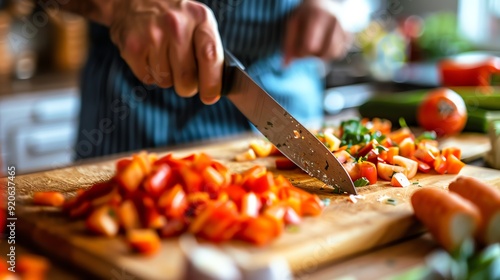 A person chops red peppers on a wooden cutting board.