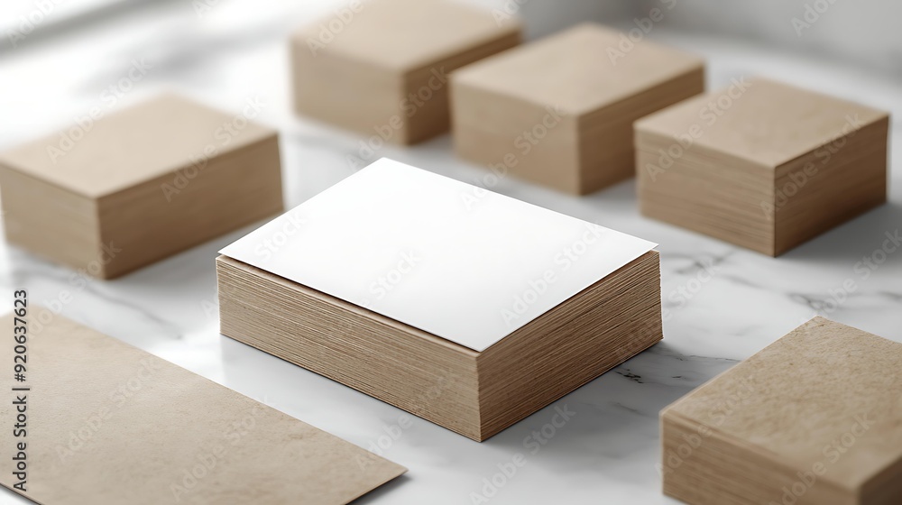 A stack of blank business cards sits on a marble surface surrounded by other card stacks, representing potential for branding, business presentations, or creative design projects, A stack of blank business cards sits on a marble surface surrounded by other card stacks, representing potential for branding, business presentations, or creative design projects,