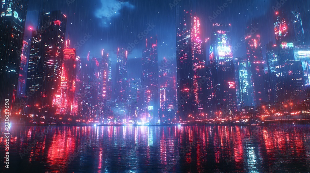 Fototapeta premium Rainy Neon Cityscape Illustration