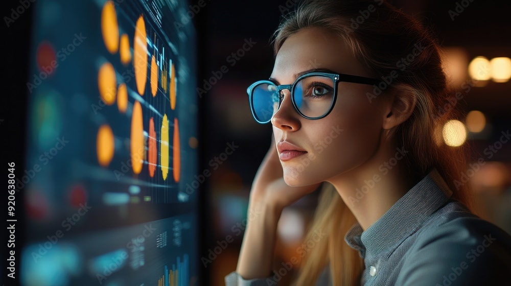 Businesswoman studying data visualizations, charts, and graphs, assessing financial performance and growth strategies. Businesswoman studying data visualizations, charts, and graphs, assessing financial performance and growth strategies.