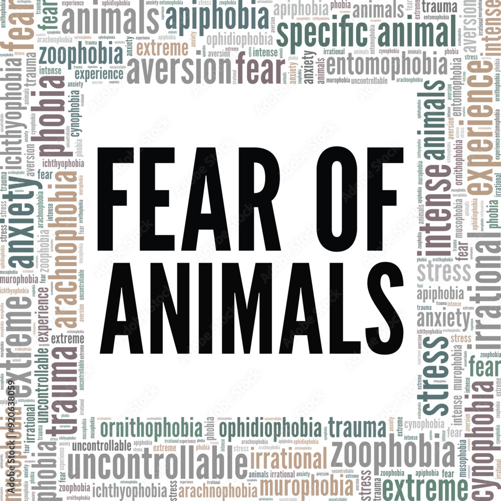 Zoophobia: Fear of Animals word cloud conceptual design isolated on white background. Zoophobia: Fear of Animals word cloud conceptual design isolated on white background.