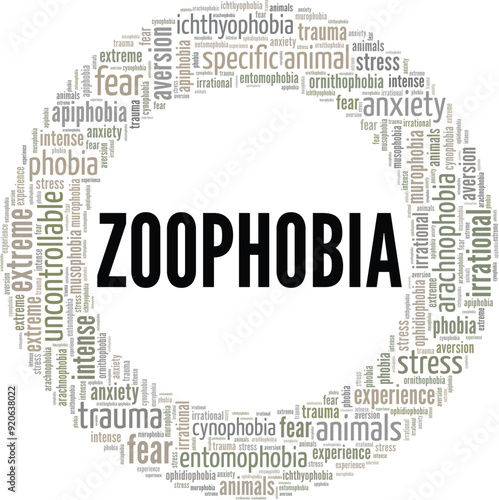 Zoophobia: Fear of Animals word cloud conceptual design isolated on white background.