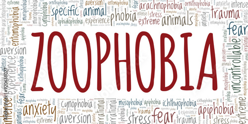 Zoophobia: Fear of Animals word cloud conceptual design isolated on white background.