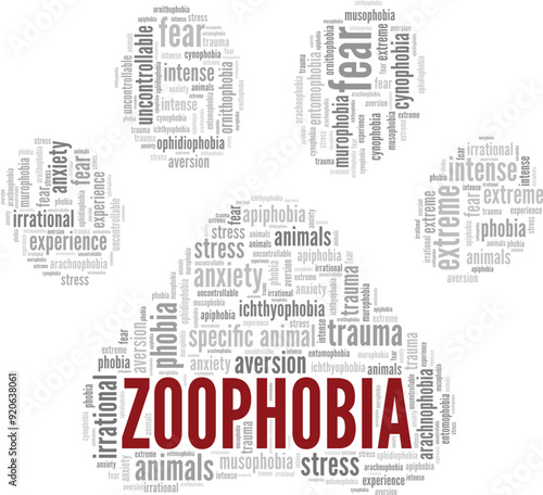 Zoophobia: Fear of Animals word cloud conceptual design isolated on white background.