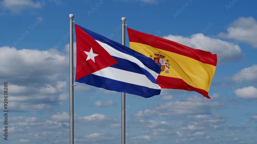 Spain and Cuba flags flying together, video concept of the relationship, two country cooperation concept Spain and Cuba flags flying together, video concept of the relationship, two country cooperation concept