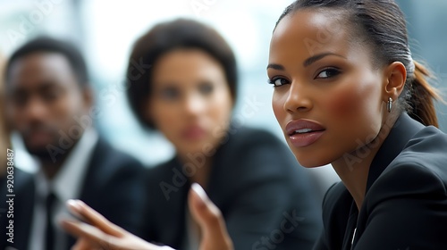 Group of businesspeople in a brainstorming session, with a female leader facilitating the discussion