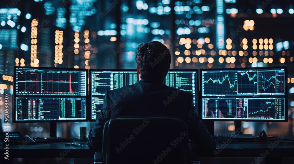 Rear view of a relaxing trader who is sitting in front of a trading station which consists of screens with financial data. A concept of forex trading. Rear view of a relaxing trader who is sitting in front of a trading station which consists of screens with financial data. A concept of forex trading.