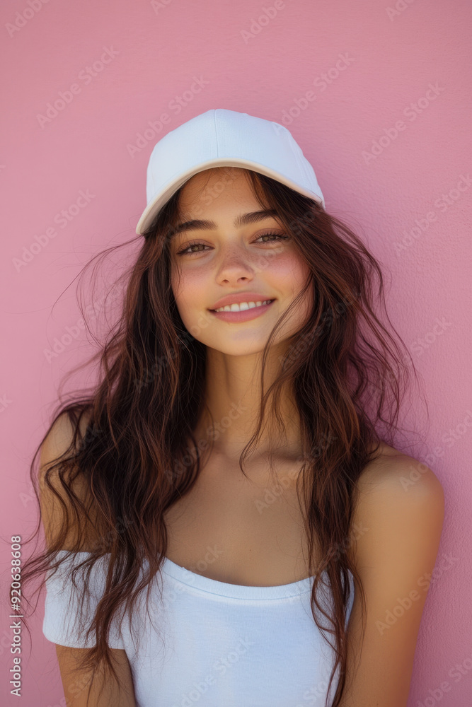 Baseball cap mockup, Female model poses confidently in a stylish baseball cap against a soft pastel background. The model's hair flows freely, adding vibrancy. She smiles, exuding Baseball cap mockup, Female model poses confidently in a stylish baseball cap against a soft pastel background. The model's hair flows freely, adding vibrancy. She smiles, exuding