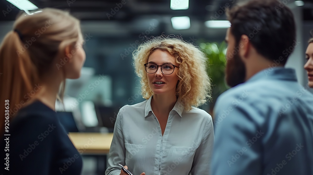 Group of businesspeople in a modern office, with a female leader explaining a new project to her colleagues Group of businesspeople in a modern office, with a female leader explaining a new project to her colleagues
