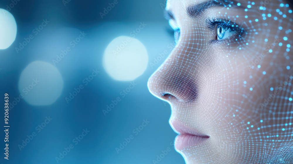 AI Face recognition, A close-up of a woman's face with brilliant wireframe projections mapping her features. The environment is sleek and modern, with dim ambient lighting. The AI Face recognition, A close-up of a woman's face with brilliant wireframe projections mapping her features. The environment is sleek and modern, with dim ambient lighting. The