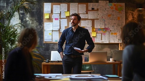 Businessman leading a brainstorming session in a creative workspace, with his team contributing ideas