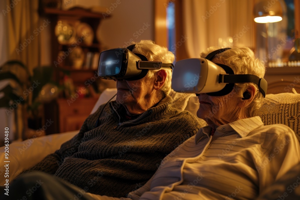 Friendly elderly couple trying virtual reality for the first time, cozy home environment, close-up, soft evening lighting. Horizontal. Close-up Friendly elderly couple trying virtual reality for the first time, cozy home environment, close-up, soft evening lighting. Horizontal. Close-up