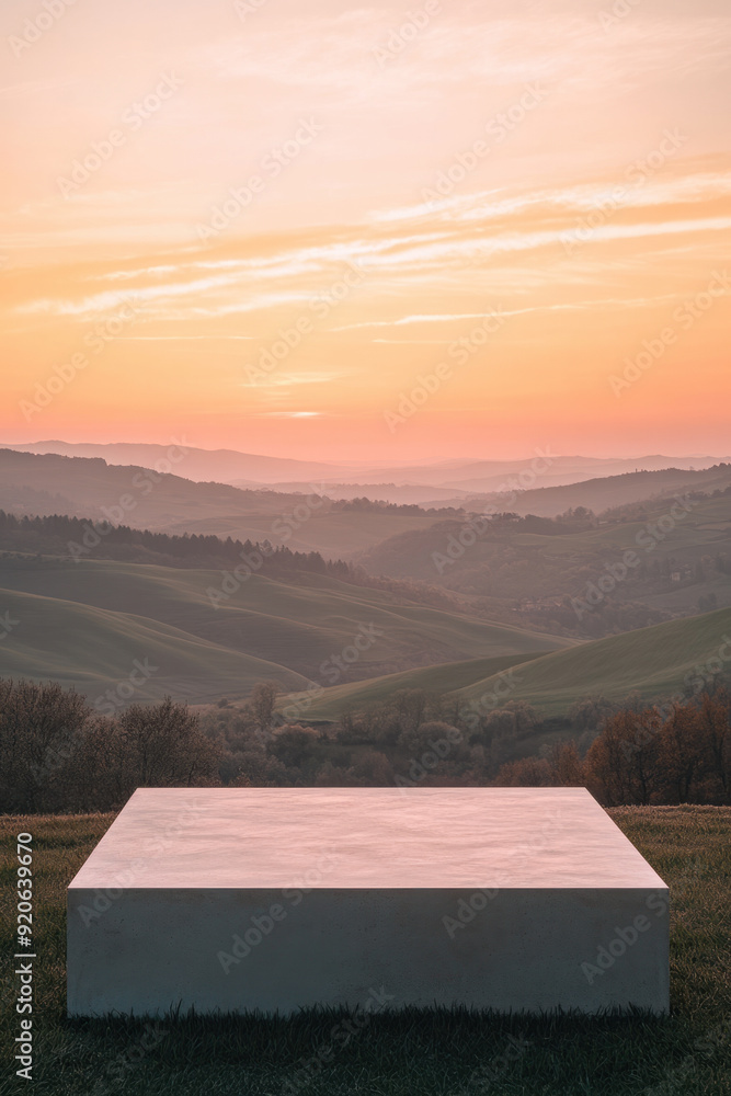 Fototapeta premium Nature product placement backdrop, A minimalist podium in a neutral color is set against a backdrop of rolling hills and a soft sunset sky. The podium stands empty, symbolizing
