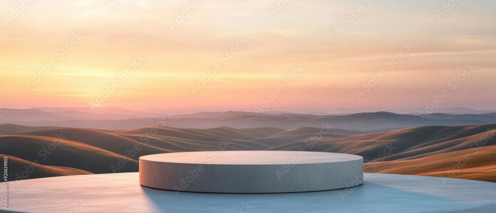 Nature product placement backdrop, A minimalist podium in a neutral color is set against a backdrop of rolling hills and a soft sunset sky. The podium stands empty, symbolizing Nature product placement backdrop, A minimalist podium in a neutral color is set against a backdrop of rolling hills and a soft sunset sky. The podium stands empty, symbolizing