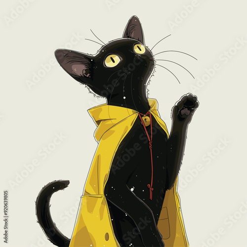 Cute black cat wearing a yellow hoodie, gazing upward.
