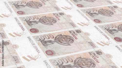 Spain Spanish Peseta 5000 Banknotes Money Printing House, Printing Five Thousand Spanish Peseta, Printing Press Machine Print out Spanish Peseta, Being printed by currency press machine 5000 Spanish 