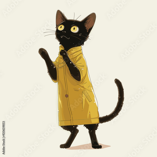 Cute black cat wearing a yellow hoodie, gazing upward.
