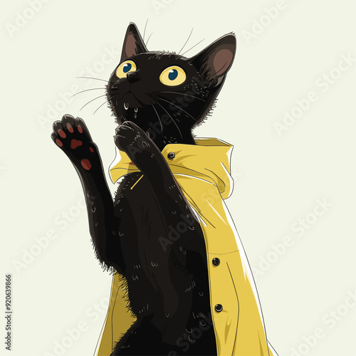 Cute black cat wearing a yellow hoodie, gazing upward.
