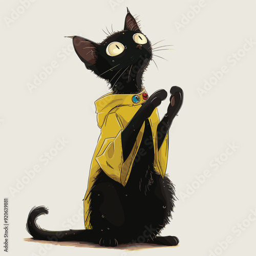 Cute black cat wearing a yellow hoodie, gazing upward.
