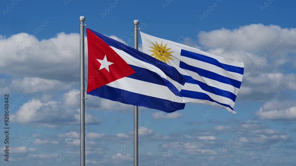 Uruguay and Cuba flags flying together, video concept of the relationship, two country relations concept Uruguay and Cuba flags flying together, video concept of the relationship, two country relations concept