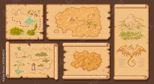 Arcade 8 bit pixel game pirate treasure maps. Vector vintage scrolls, ancient manuscripts, parchments featuring secret lands, mountains, forests, rivers and dragon. Antique paper with ripped sides