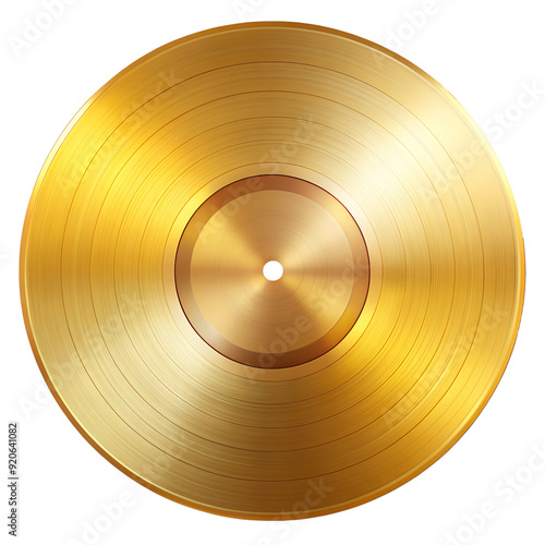 A golden realistic LP vinyl record template cut out white isolated transparent background.