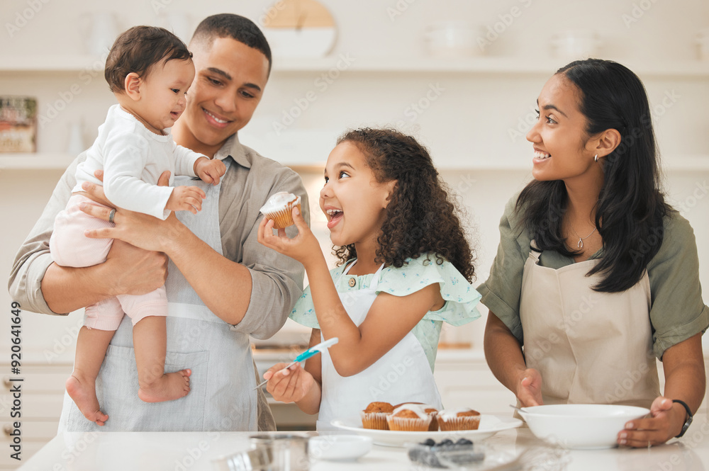 Girl, portrait and smile in kitchen with cupcake for baking, learning and child development in home. Kid, face and happy in house with muffin or dessert for eating, birthday and snacks with patience Girl, portrait and smile in kitchen with cupcake for baking, learning and child development in home. Kid, face and happy in house with muffin or dessert for eating, birthday and snacks with patience