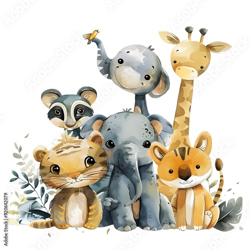 Forest Animal Collection with Tiger, Lion, Elephant, Mouse, Deer, Black Bear, Giraffe, and Squirrel, Diverse Wildlife in Natural Habitat, Playful Illustration of Animals Coexisting in a Lush Green Env photo