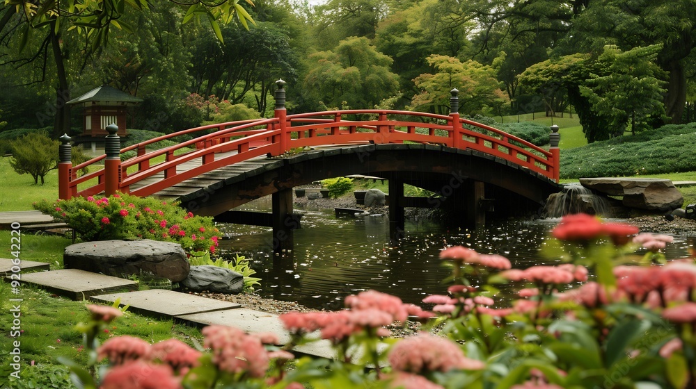 Serene Japanese Garden With Red Arch Bridge Over Pond Serene Japanese Garden With Red Arch Bridge Over Pond