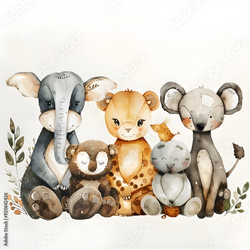 Forest Animal Collection with Tiger, Lion, Elephant, Mouse, Deer, Black Bear, Giraffe, and Squirrel, Diverse Wildlife in Natural Habitat, Playful Illustration of Animals Coexisting in a Lush Green Env photo