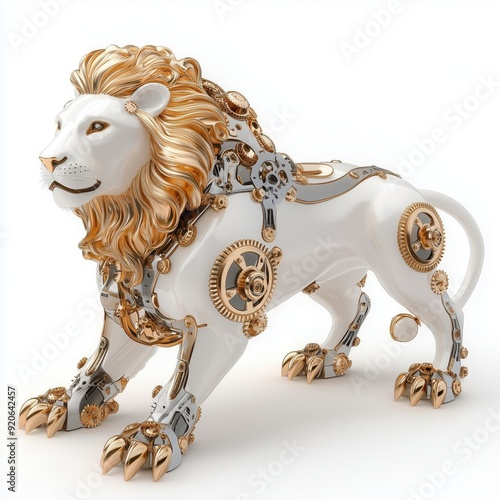 Steampunk Mechanical Lion Sculpture with Intricate Gears and Golden Accents - Futuristic Robotic Animal Art photo