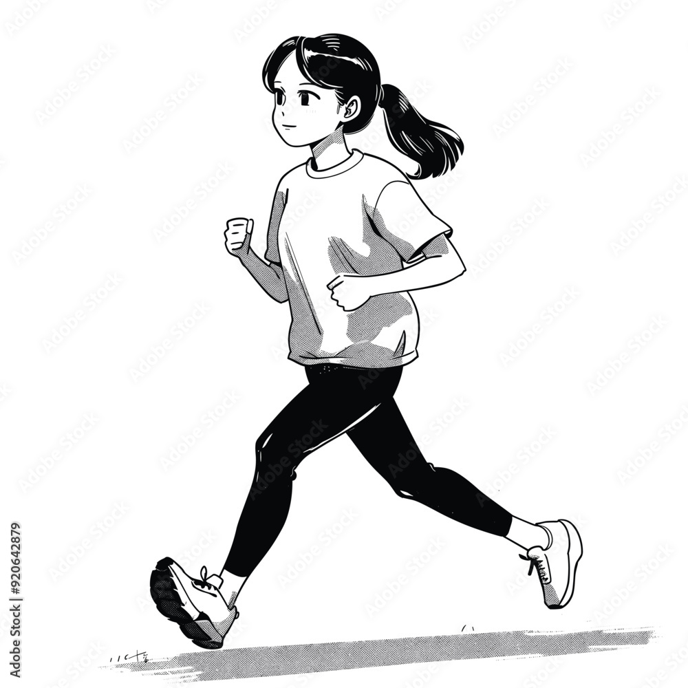 Young woman running with flowing hair, monochrome drawing.
Young woman running with flowing hair, monochrome drawing.