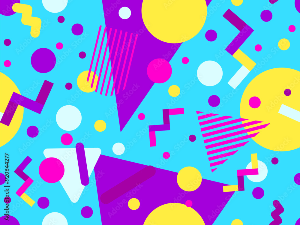 Geometric seamless pattern with memphis elements in 80s style. Colorful geometric pattern. Design of promotional products, wrapping paper and printing. Vector illustration